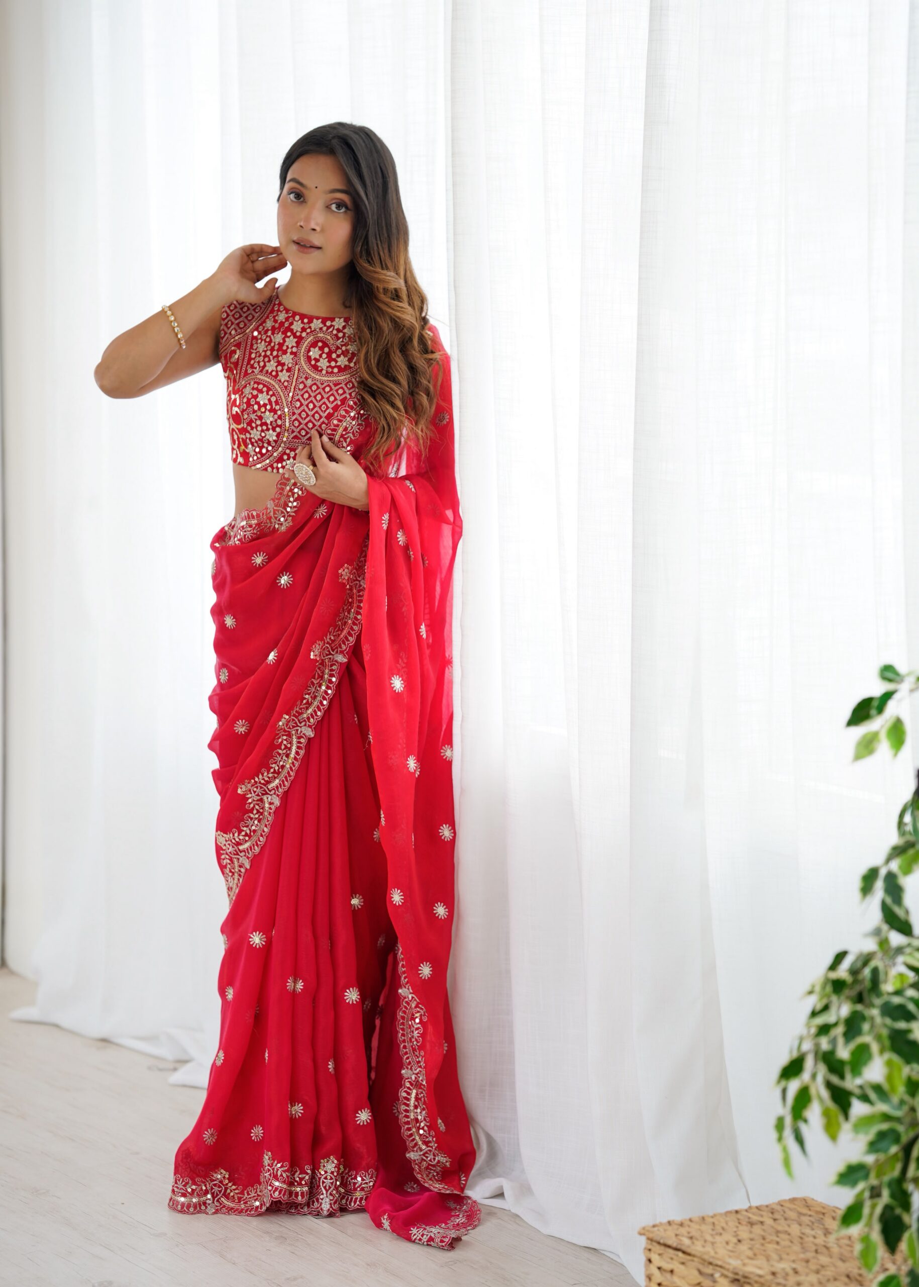 SP 88 Red Red Fendy Chiffon Saree with Embroidery Work & Sequins Work. Special Price ₹2149. Delivery 4-6 Working Days. Shop now. | Creative Sarees, Bollywood Sarees, Designer Sarees, Embroidered Sarees, Ethnic Saree, Modern Digital sarees, Party Wear Sarees, Sarees