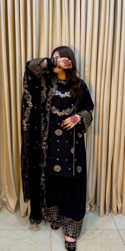 ST 251 Black Faux Georgette Salwar Suit with Mirror Work & Embroidery Work. Get it for ₹2349. Delivery 4-6 Working Days. Shop now. | Casual Suits, Jump Suits, Creative suits, Designer Suits, Palazzo Suits, Party Wear Suits, Patiala Suits, Salwar suit, Straight Suits