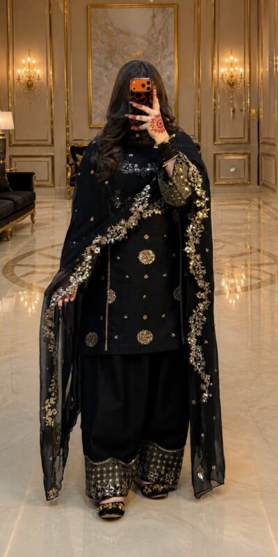 ST 251 Black Faux Georgette Salwar Suit with Mirror Work & Embroidery Work. Get it for ₹2349. Delivery 4-6 Working Days. Shop now. | Casual Suits, Jump Suits, Creative suits, Designer Suits, Palazzo Suits, Party Wear Suits, Patiala Suits, Salwar suit, Straight Suits