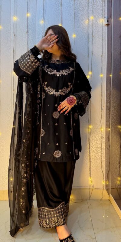 ST 251 Black Faux Georgette Salwar Suit with Mirror Work & Embroidery Work. Get it for ₹2349. Delivery 4-6 Working Days. Shop now. | Casual Suits, Jump Suits, Creative suits, Designer Suits, Palazzo Suits, Party Wear Suits, Patiala Suits, Salwar suit, Straight Suits