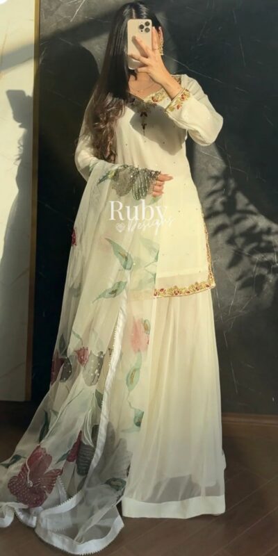 WW 1263 Off White Faux Georgette Salwar Suit with Mirror Work & Embroidery Work. Get it for ₹2149. Delivery 4-6 Working Days. Shop now. | Casual Suits, Jump Suits, Creative suits, Designer Suits, Palazzo Suits, Party Wear Suits, Patiala Suits, Salwar suit, Straight Suits