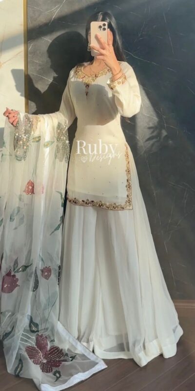 WW 1263 Off White Faux Georgette Salwar Suit with Mirror Work & Embroidery Work. Get it for ₹2149. Delivery 4-6 Working Days. Shop now. | Casual Suits, Jump Suits, Creative suits, Designer Suits, Palazzo Suits, Party Wear Suits, Patiala Suits, Salwar suit, Straight Suits