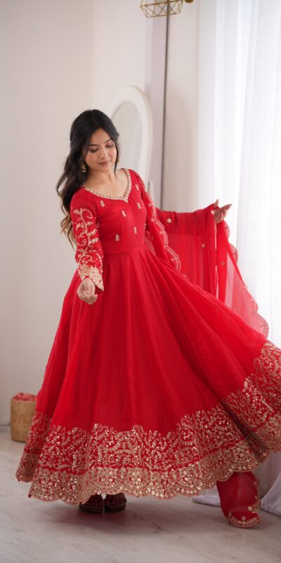 ZSR 3185 Red Fendy Silk Gown with Embroidery Work & Sequins Work. Special Price ₹2399. Delivery 4-6 Working Days. Shop now. | Bollywood Gowns, Creative Gowns, Designer Gowns, Embroidered Gowns, Gowns, Party Wear Gowns