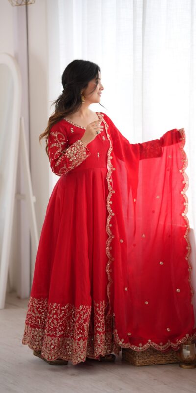 ZSR 3185 Red Fendy Silk Gown with Embroidery Work & Sequins Work. Special Price ₹2399. Delivery 4-6 Working Days. Shop now. | Bollywood Gowns, Creative Gowns, Designer Gowns, Embroidered Gowns, Gowns, Party Wear Gowns