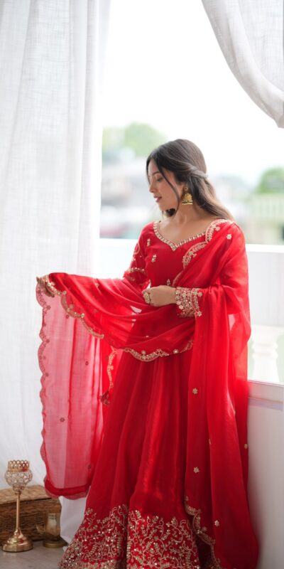 ZSR 3185 Red Fendy Silk Gown with Embroidery Work & Sequins Work. Special Price ₹2399. Delivery 4-6 Working Days. Shop now. | Bollywood Gowns, Creative Gowns, Designer Gowns, Embroidered Gowns, Gowns, Party Wear Gowns