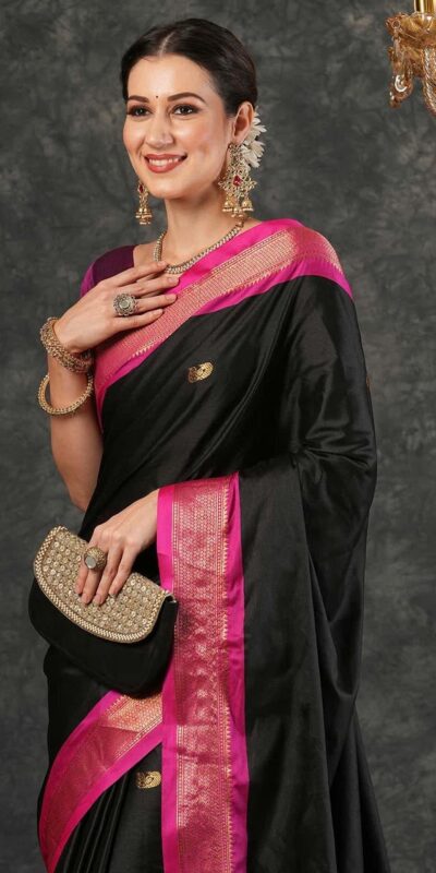 KP 7009 Black Soft Lichi Silk Saree with Lace Work & Lace Border. Introductory Price ₹1649. Delivery 4-6 Working Days. Shop now. | Creative Sarees, Bollywood Sarees, Designer Sarees, Embroidered Sarees, Ethnic Saree, Modern Digital sarees, Party Wear Sarees, Sarees