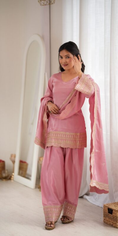 KB 304 Pink in Glass Roman Silk. Sequins Work & Embroidery Work Salwar Suit Festive Deal ₹1999. Delivery 4-6 Working Days. Shop now. | Casual Suits, Jump Suits, Creative suits, Designer Suits, Palazzo Suits, Party Wear Suits, Patiala Suits, Salwar suit, Straight Suits