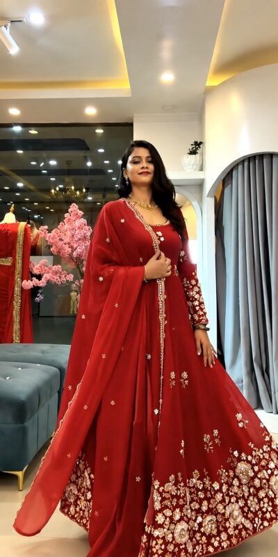 SSR 548 Red Fendy Silk Gown with Sequins Work & Thread Embroidery. Now at just ₹2399. Delivery 4-6 Working Days. Shop now. | Bollywood Gowns, Creative Gowns, Designer Gowns, Embroidered Gowns, Gowns, Party Wear Gowns
