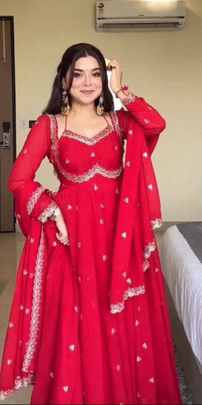 NSR 874 Red Georgette Thread With Sequence Gown Perfect for Wedding, Party, Reception, Holi, Eid . Available at ₹1799 only. Delivery 4-6 Working Days. | Bollywood Gowns, Creative Gowns, Designer Gowns, Embroidered Gowns, Gowns, Party Wear Gowns