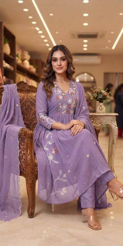 LG 2131 Lavender Mul Chanderi Salwar Suit with Embroidery Work & Sequins Work. Festive Deal ₹2199. Delivery 4-6 Working Days. Shop nowp | Casual Suits, Jump Suits, Creative suits, Designer Suits, Palazzo Suits, Party Wear Suits, Patiala Suits, Salwar suit, Straight Suits