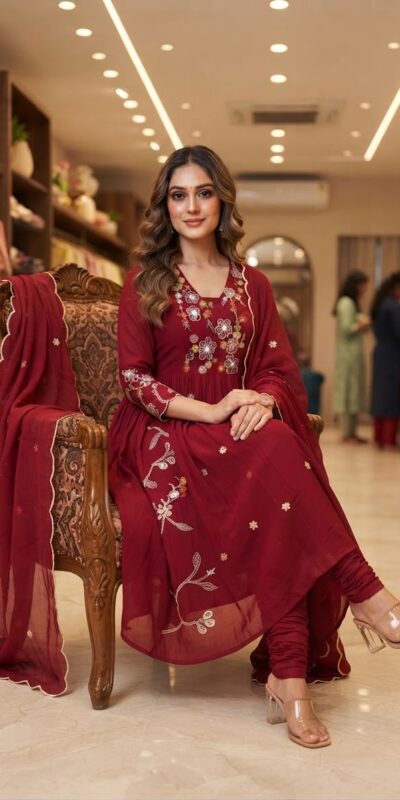 LG 2131 Maroon Mul Chanderi Salwar Suit with Embroidery Work & Sequins Work. Festive Deal ₹2199. Delivery 4-6 Working Days. Shop nowp | Casual Suits, Jump Suits, Creative suits, Designer Suits, Palazzo Suits, Party Wear Suits, Patiala Suits, Salwar suit, Straight Suits