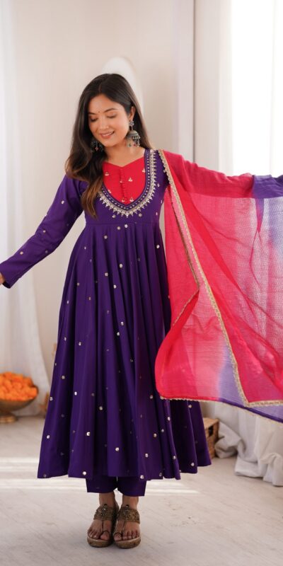 ZF 5023 Purple Roman Silk Gown with Mirror Work & Embroidery Work. Special Price ₹2099. Delivery 4-6 Working Days. Shop now. | Bollywood Gowns, Creative Gowns, Designer Gowns, Embroidered Gowns, Gowns, Party Wear Gowns