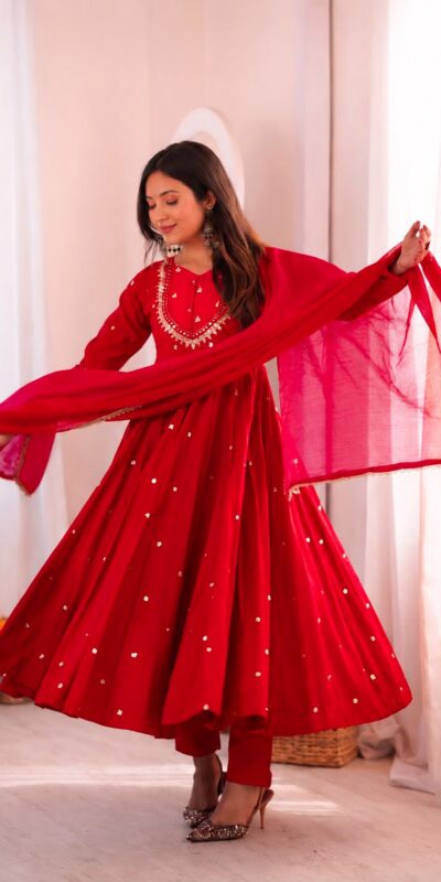 ZF 5023 Red Roman Silk Gown with Mirror Work & Embroidery Work. Special Price ₹2099. Delivery 4-6 Working Days. Shop now. | Bollywood Gowns, Creative Gowns, Designer Gowns, Embroidered Gowns, Gowns, Party Wear Gowns