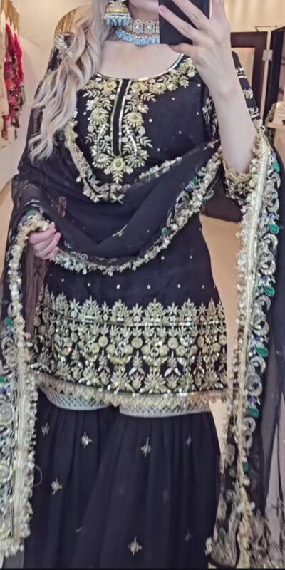 NF 1246 Black Faux Georgette Salwar Suit with Mirror Work & Embroidery Work. Get it for ₹2449. Delivery 4-6 Working Days. Shop now. | Casual Suits, Jump Suits, Creative suits, Designer Suits, Palazzo Suits, Party Wear Suits, Patiala Suits, Salwar suit, Straight Suits