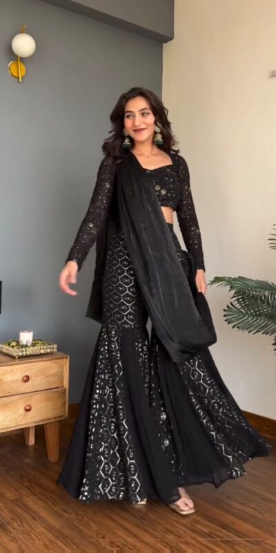 RTC 5994 Black Faux Georgette Salwar Suit with Mirror Work & Embroidery Work. Get it for ₹2399. Delivery 4-6 Working Days. Shop now. | Casual Suits, Jump Suits, Creative suits, Designer Suits, Palazzo Suits, Party Wear Suits, Patiala Suits, Salwar suit, Straight Suits