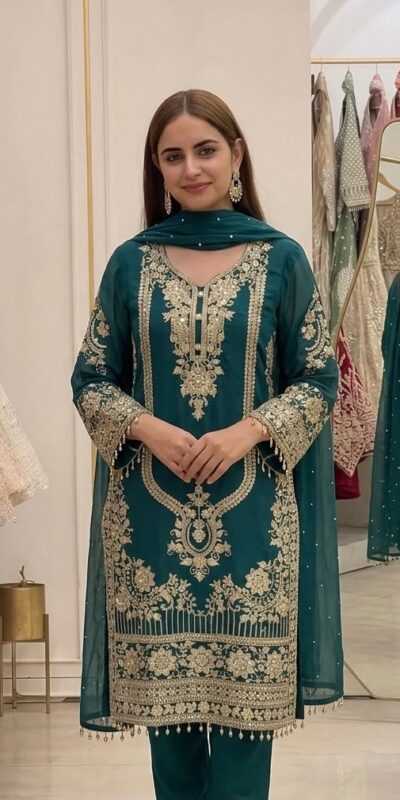 NSR 910 Green Faux Georgette Salwar Suit with Mirror Work & Embroidery Work. Get it for ₹2399. Delivery 4-6 Working Days. Shop now. | Casual Suits, Jump Suits, Creative suits, Designer Suits, Palazzo Suits, Party Wear Suits, Patiala Suits, Salwar suit, Straight Suits