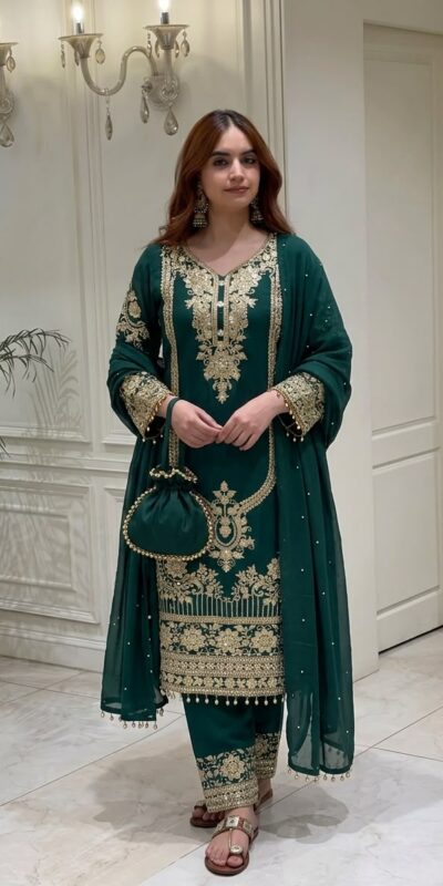NSR 910 Green Faux Georgette Salwar Suit with Mirror Work & Embroidery Work. Get it for ₹2399. Delivery 4-6 Working Days. Shop now. | Casual Suits, Jump Suits, Creative suits, Designer Suits, Palazzo Suits, Party Wear Suits, Patiala Suits, Salwar suit, Straight Suits