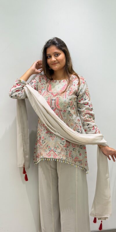 BE 489 Grey Faux Georgette Salwar Suit with Mirror Work & Embroidery Work. Get it for ₹2899. Delivery 4-6 Working Days. Shop now. | Casual Suits, Jump Suits, Creative suits, Designer Suits, Palazzo Suits, Party Wear Suits, Patiala Suits, Salwar suit, Straight Suits