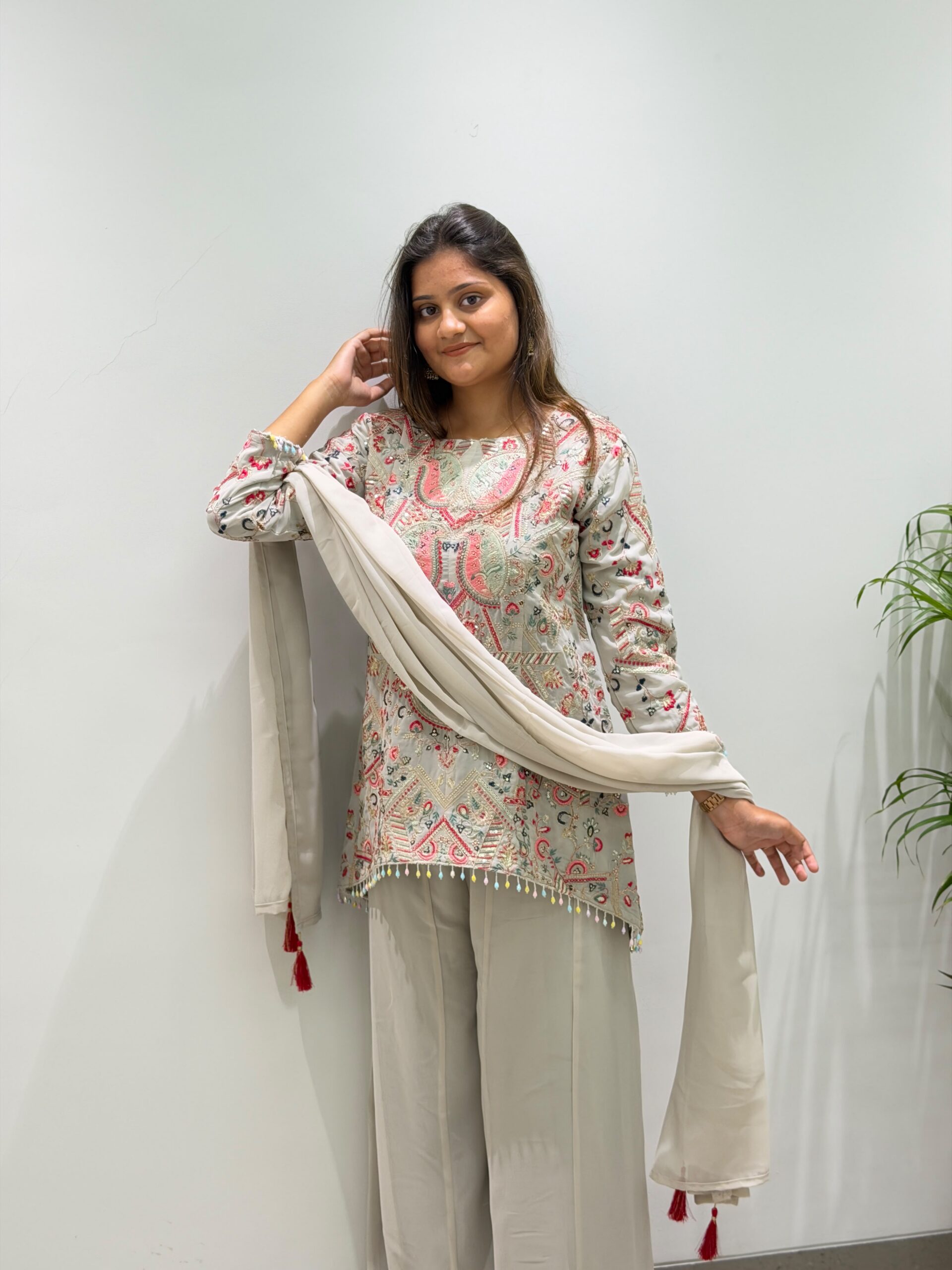 BE 489 Grey Faux Georgette Salwar Suit with Mirror Work & Embroidery Work. Get it for ₹2899. Delivery 4-6 Working Days. Shop now. | Casual Suits, Jump Suits, Creative suits, Designer Suits, Palazzo Suits, Party Wear Suits, Patiala Suits, Salwar suit, Straight Suits