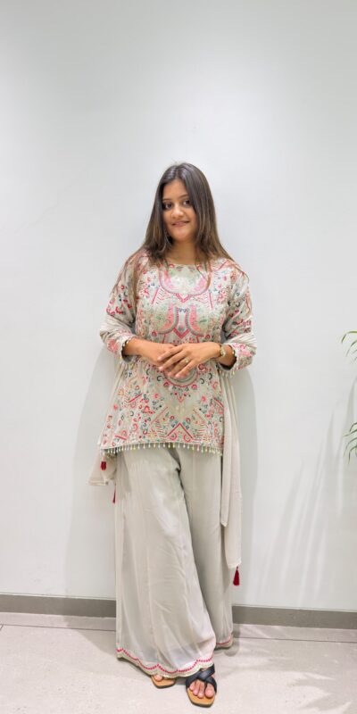 BE 489 Grey Faux Georgette Salwar Suit with Mirror Work & Embroidery Work. Get it for ₹2899. Delivery 4-6 Working Days. Shop now. | Casual Suits, Jump Suits, Creative suits, Designer Suits, Palazzo Suits, Party Wear Suits, Patiala Suits, Salwar suit, Straight Suits