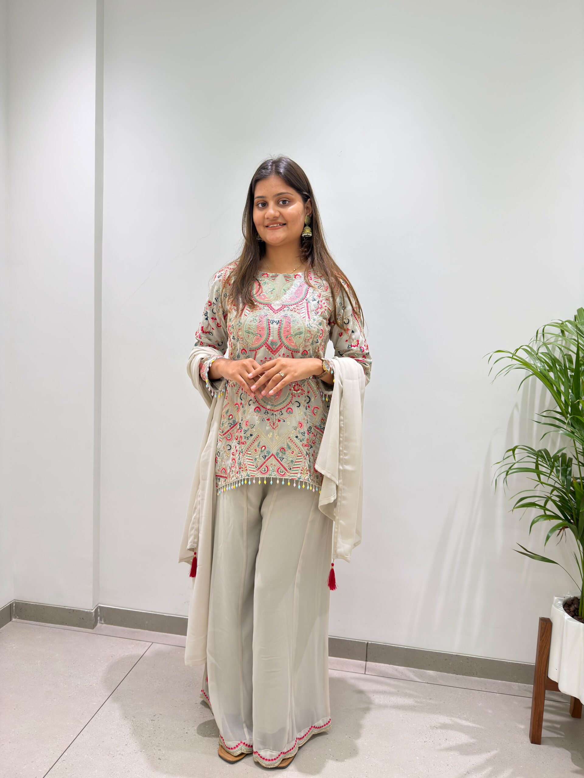 BE 489 Grey Faux Georgette Salwar Suit with Mirror Work & Embroidery Work. Get it for ₹2899. Delivery 4-6 Working Days. Shop now. | Casual Suits, Jump Suits, Creative suits, Designer Suits, Palazzo Suits, Party Wear Suits, Patiala Suits, Salwar suit, Straight Suits