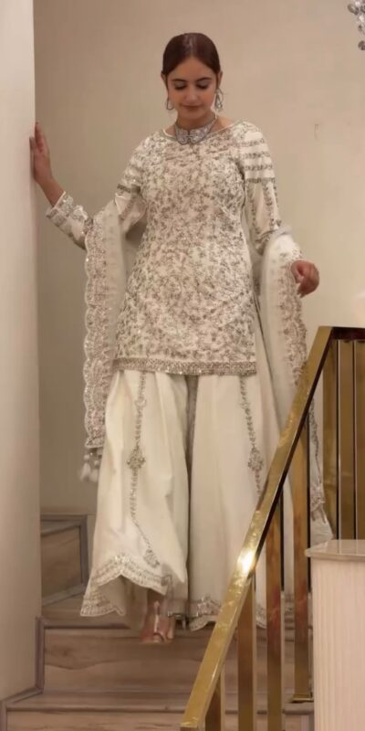 DB 47 White Faux Georgette Salwar Suit with Mirror Work & Embroidery Work. Get it for ₹2399. Delivery 4-6 Working Days. Shop now. | Casual Suits, Jump Suits, Creative suits, Designer Suits, Palazzo Suits, Party Wear Suits, Patiala Suits, Salwar suit, Straight Suits