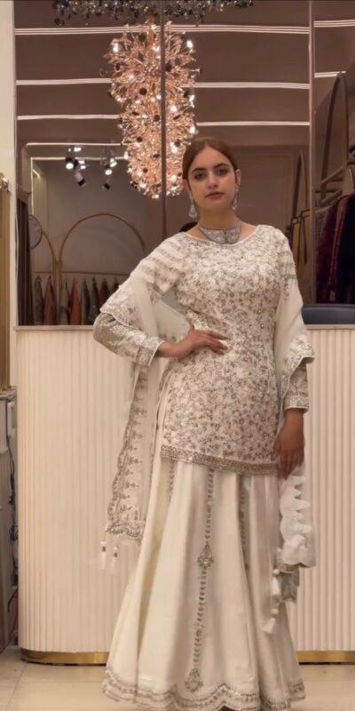 DB 47 White Faux Georgette Salwar Suit with Mirror Work & Embroidery Work. Get it for ₹2399. Delivery 4-6 Working Days. Shop now. | Casual Suits, Jump Suits, Creative suits, Designer Suits, Palazzo Suits, Party Wear Suits, Patiala Suits, Salwar suit, Straight Suits