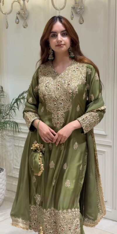 NSR 906 Mehandi Roman Silk Salwar Suit with Sequins Work & Embroidery Work. Available at ₹2449 only. Delivery 4-6 Working Days. Shop now. | Casual Suits, Jump Suits, Creative suits, Designer Suits, Palazzo Suits, Party Wear Suits, Patiala Suits, Salwar suit, Straight Suits