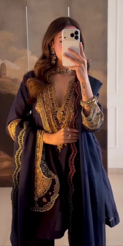 SR 1722 Navy Blue Roman Silk Salwar Suit with Sequins Work & Embroidery Work. Available at ₹2349 only. Delivery 4-6 Working Days. Shop now. | Casual Suits, Jump Suits, Creative suits, Designer Suits, Palazzo Suits, Party Wear Suits, Patiala Suits, Salwar suit, Straight Suits