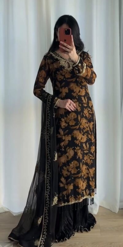 SRK 5366 Black l Faux Georgette Salwar Suit with Mirror Work & Embroidery Work. Get it for ₹2349. Delivery 4-6 Working Days. Shop now. | Casual Suits, Jump Suits, Creative suits, Designer Suits, Palazzo Suits, Party Wear Suits, Patiala Suits, Salwar suit, Straight Suits