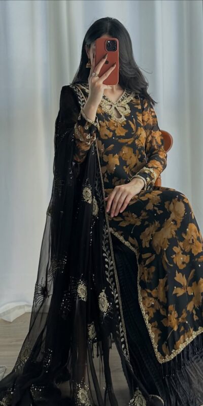 SRK 5366 Black l Faux Georgette Salwar Suit with Mirror Work & Embroidery Work. Get it for ₹2349. Delivery 4-6 Working Days. Shop now. | Casual Suits, Jump Suits, Creative suits, Designer Suits, Palazzo Suits, Party Wear Suits, Patiala Suits, Salwar suit, Straight Suits