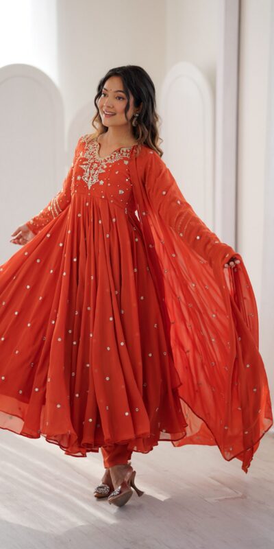 JF 056 Orange Faux Georgette Salwar Suit with Mirror Work & Embroidery Work. Get it for ₹2349. Delivery 4-6 Working Days. Shop now. | Casual Suits, Jump Suits, Creative suits, Designer Suits, Palazzo Suits, Party Wear Suits, Patiala Suits, Salwar suit, Straight Suits