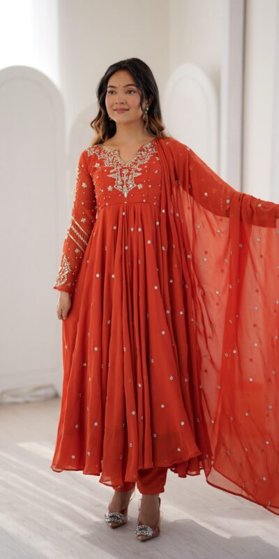 JF 056 Orange Faux Georgette Salwar Suit with Mirror Work & Embroidery Work. Get it for ₹2349. Delivery 4-6 Working Days. Shop now. | Casual Suits, Jump Suits, Creative suits, Designer Suits, Palazzo Suits, Party Wear Suits, Patiala Suits, Salwar suit, Straight Suits