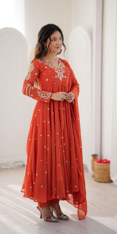 JF 056 Orange Faux Georgette Salwar Suit with Mirror Work & Embroidery Work. Get it for ₹2349. Delivery 4-6 Working Days. Shop now. | Casual Suits, Jump Suits, Creative suits, Designer Suits, Palazzo Suits, Party Wear Suits, Patiala Suits, Salwar suit, Straight Suits