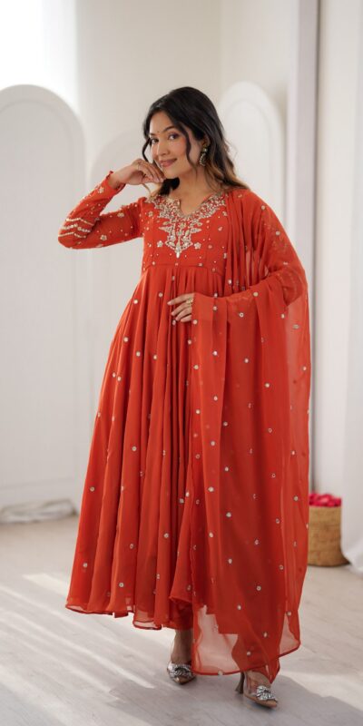 JF 056 Orange Faux Georgette Salwar Suit with Mirror Work & Embroidery Work. Get it for ₹2349. Delivery 4-6 Working Days. Shop now. | Casual Suits, Jump Suits, Creative suits, Designer Suits, Palazzo Suits, Party Wear Suits, Patiala Suits, Salwar suit, Straight Suits