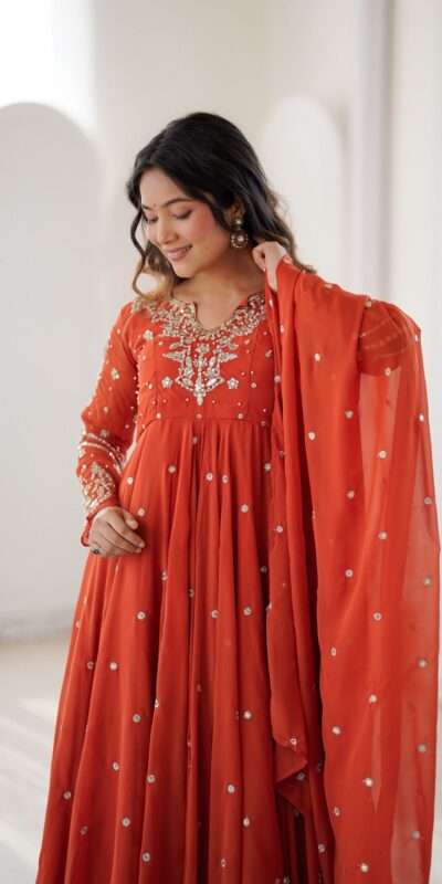 JF 056 Orange Faux Georgette Salwar Suit with Mirror Work & Embroidery Work. Get it for ₹2349. Delivery 4-6 Working Days. Shop now. | Casual Suits, Jump Suits, Creative suits, Designer Suits, Palazzo Suits, Party Wear Suits, Patiala Suits, Salwar suit, Straight Suits