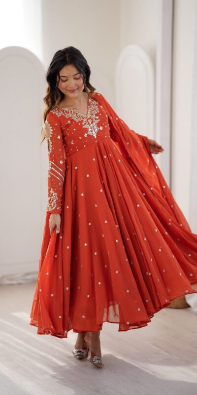 JF 056 Orange Faux Georgette Salwar Suit with Mirror Work & Embroidery Work. Get it for ₹2349. Delivery 4-6 Working Days. Shop now. | Casual Suits, Jump Suits, Creative suits, Designer Suits, Palazzo Suits, Party Wear Suits, Patiala Suits, Salwar suit, Straight Suits