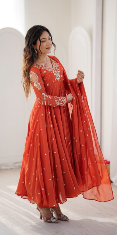 JF 056 Orange Faux Georgette Salwar Suit with Mirror Work & Embroidery Work. Get it for ₹2349. Delivery 4-6 Working Days. Shop now. | Casual Suits, Jump Suits, Creative suits, Designer Suits, Palazzo Suits, Party Wear Suits, Patiala Suits, Salwar suit, Straight Suits