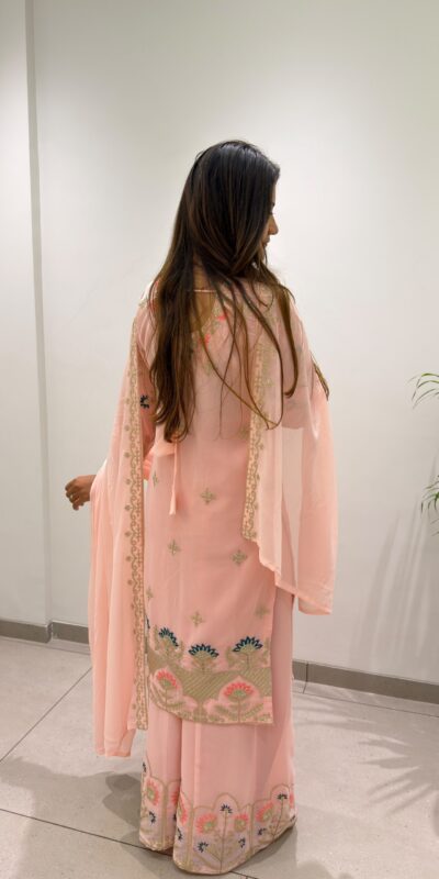 BE 486 Peach Faux Georgette Salwar Suit with Mirror Work & Embroidery Work. Get it for ₹2449. Delivery 4-6 Working Days. Shop now. | Casual Suits, Jump Suits, Creative suits, Designer Suits, Palazzo Suits, Party Wear Suits, Patiala Suits, Salwar suit, Straight Suits