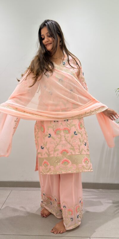 BE 486 Peach Faux Georgette Salwar Suit with Mirror Work & Embroidery Work. Get it for ₹2449. Delivery 4-6 Working Days. Shop now. | Casual Suits, Jump Suits, Creative suits, Designer Suits, Palazzo Suits, Party Wear Suits, Patiala Suits, Salwar suit, Straight Suits