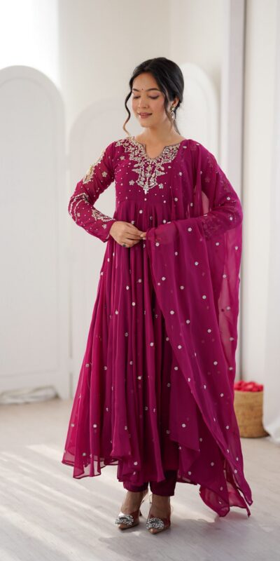JF 056 Pink Faux Georgette Salwar Suit with Mirror Work & Embroidery Work. Get it for ₹2349. Delivery 4-6 Working Days. Shop now. | Casual Suits, Jump Suits, Creative suits, Designer Suits, Palazzo Suits, Party Wear Suits, Patiala Suits, Salwar suit, Straight Suits