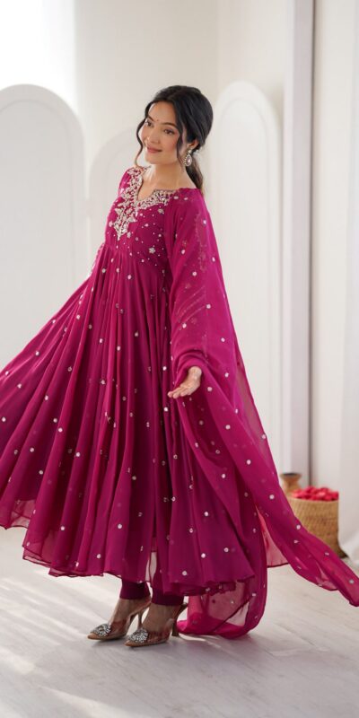 JF 056 Pink Faux Georgette Salwar Suit with Mirror Work & Embroidery Work. Get it for ₹2349. Delivery 4-6 Working Days. Shop now. | Casual Suits, Jump Suits, Creative suits, Designer Suits, Palazzo Suits, Party Wear Suits, Patiala Suits, Salwar suit, Straight Suits