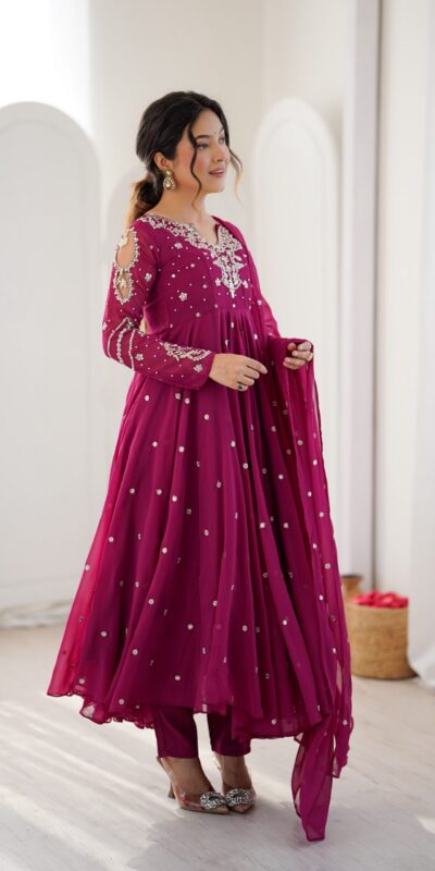 JF 056 Pink Faux Georgette Salwar Suit with Mirror Work & Embroidery Work. Get it for ₹2349. Delivery 4-6 Working Days. Shop now. | Casual Suits, Jump Suits, Creative suits, Designer Suits, Palazzo Suits, Party Wear Suits, Patiala Suits, Salwar suit, Straight Suits