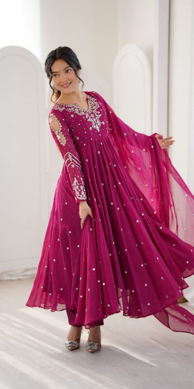 JF 056 Pink Faux Georgette Salwar Suit with Mirror Work & Embroidery Work. Get it for ₹2349. Delivery 4-6 Working Days. Shop now. | Casual Suits, Jump Suits, Creative suits, Designer Suits, Palazzo Suits, Party Wear Suits, Patiala Suits, Salwar suit, Straight Suits