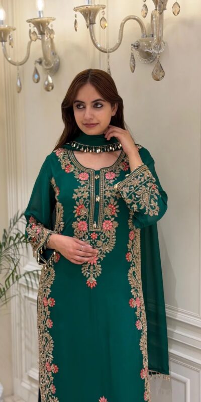 AD 240 Teal Faux Georgette Salwar Suit with Mirror Work & Embroidery Work. Get it for ₹2449. Delivery 4-6 Working Days. Shop now. | Casual Suits, Jump Suits, Creative suits, Designer Suits, Palazzo Suits, Party Wear Suits, Patiala Suits, Salwar suit, Straight Suits