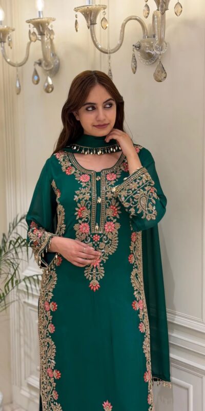AD 240 Teal Faux Georgette Salwar Suit with Mirror Work & Embroidery Work. Get it for ₹2449. Delivery 4-6 Working Days. Shop now. | Casual Suits, Jump Suits, Creative suits, Designer Suits, Palazzo Suits, Party Wear Suits, Patiala Suits, Salwar suit, Straight Suits