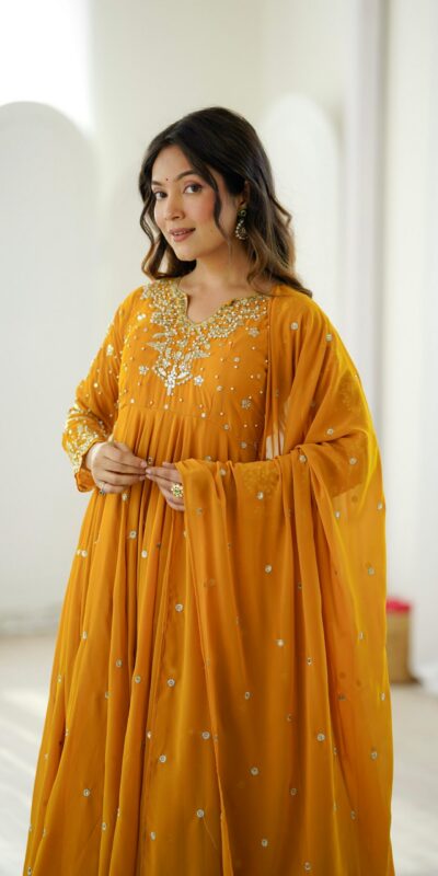 JF 056 Yellow Faux Georgette Salwar Suit with Mirror Work & Embroidery Work. Get it for ₹2349. Delivery 4-6 Working Days. Shop now. | Casual Suits, Jump Suits, Creative suits, Designer Suits, Palazzo Suits, Party Wear Suits, Patiala Suits, Salwar suit, Straight Suits