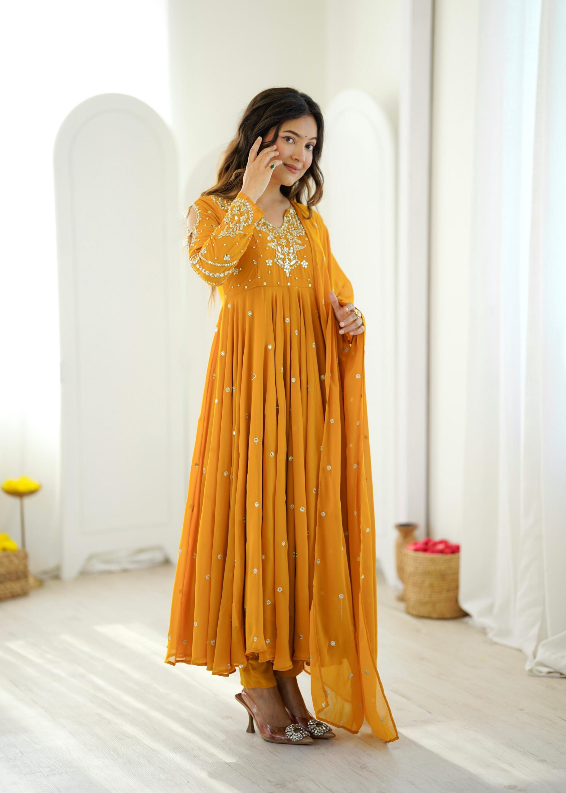 JF 056 Yellow Faux Georgette Salwar Suit with Mirror Work & Embroidery Work. Get it for ₹2349. Delivery 4-6 Working Days. Shop now. | Casual Suits, Jump Suits, Creative suits, Designer Suits, Palazzo Suits, Party Wear Suits, Patiala Suits, Salwar suit, Straight Suits