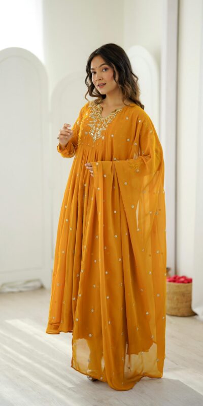 JF 056 Yellow Faux Georgette Salwar Suit with Mirror Work & Embroidery Work. Get it for ₹2349. Delivery 4-6 Working Days. Shop now. | Casual Suits, Jump Suits, Creative suits, Designer Suits, Palazzo Suits, Party Wear Suits, Patiala Suits, Salwar suit, Straight Suits