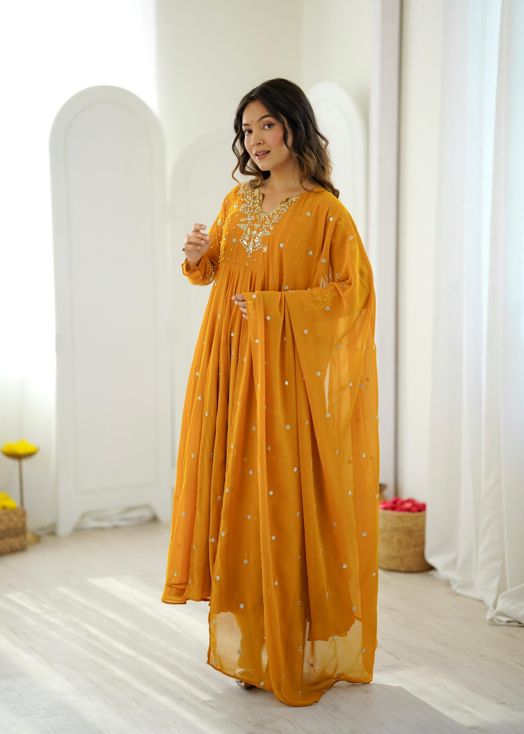 JF 056 Yellow Faux Georgette Salwar Suit with Mirror Work & Embroidery Work. Get it for ₹2349. Delivery 4-6 Working Days. Shop now. | Casual Suits, Jump Suits, Creative suits, Designer Suits, Palazzo Suits, Party Wear Suits, Patiala Suits, Salwar suit, Straight Suits
